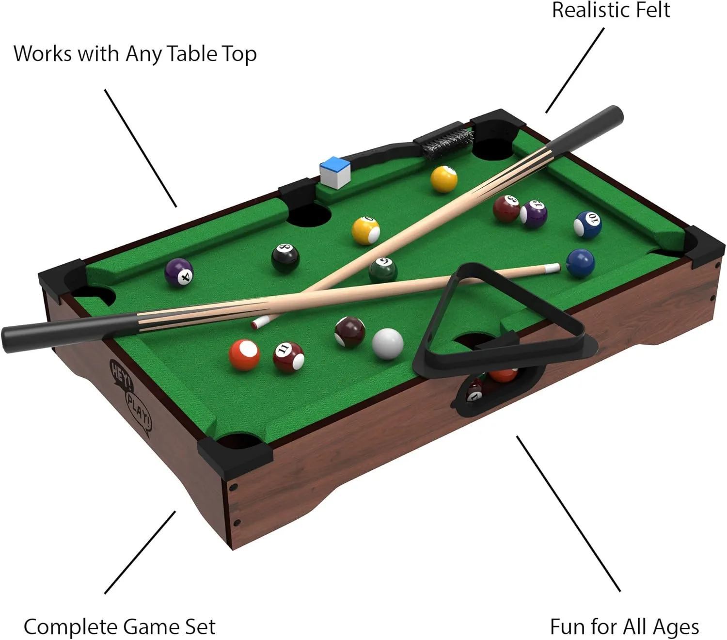 Mini Pool Table - 20-Inch Portable Tabletop Billiards Game with Cue Balls, Sticks, Chalk, Brush, and Triangle Rack - Table Games by Hey Play