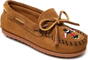Minnetonka Children’s Thunderbird “Animikii” Hardsole - Moccasins for Kids with a Classic Leather Moccasin Silhouette, Cushioned Footbed, and Beaded Moccasin Design