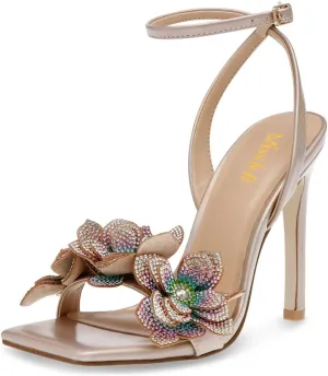 miss left Women Rhinestones Stiletto Heel Sandals with Strap Buckles Flower Embellished Open Square Toe High Heels Pumps Chic Wedding Event Dress Shoes Size 4-16 US
