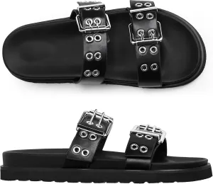 Modatope Womens Flat Sandals for Women Double Buckle Adjustable Slide Sandals Slip On Open Toe Platform Sandals