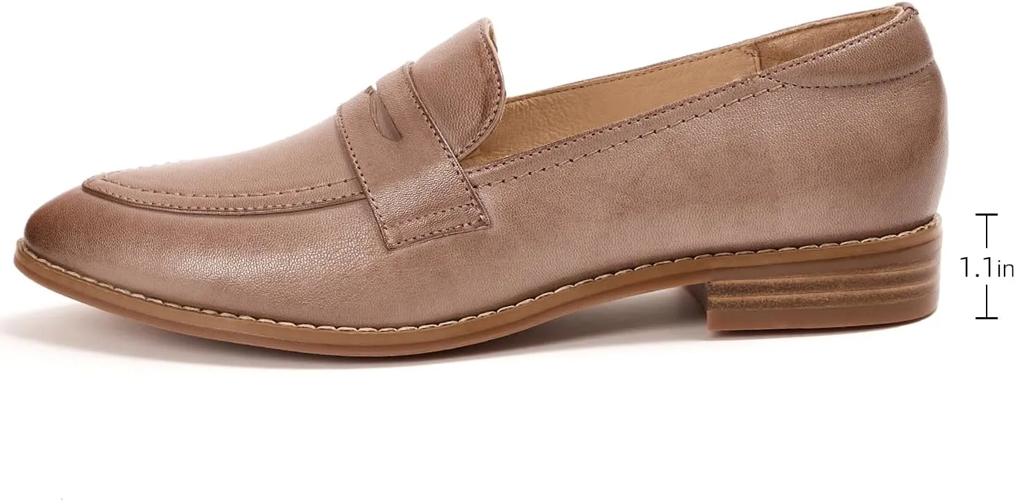 Mona flying Women's Leather Pointed Toe Penny Loafer Dress Casual Slip on Flat Office Work Shoes for Ladies
