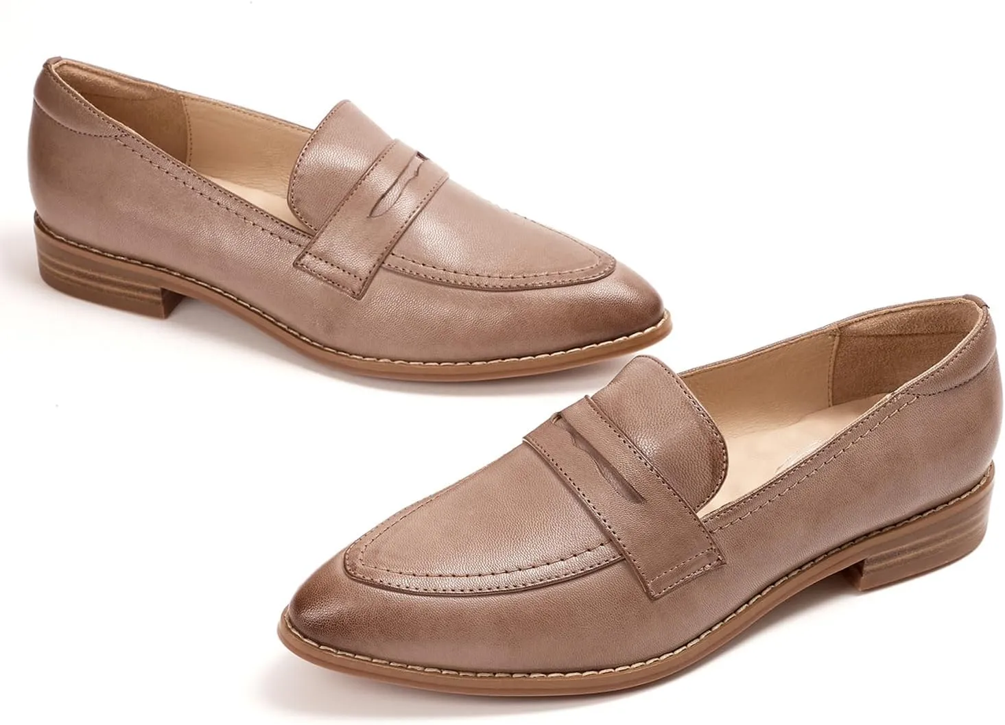 Mona flying Women's Leather Pointed Toe Penny Loafer Dress Casual Slip on Flat Office Work Shoes for Ladies