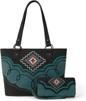Montana West Aztec Tote Bag for Women Embroidered Western Shoulder Purse and Wallet Set