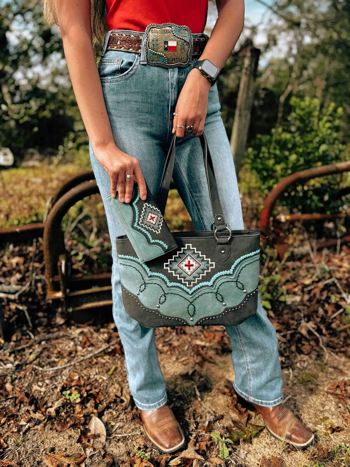 Montana West Aztec Tote Bag for Women Embroidered Western Shoulder Purse and Wallet Set