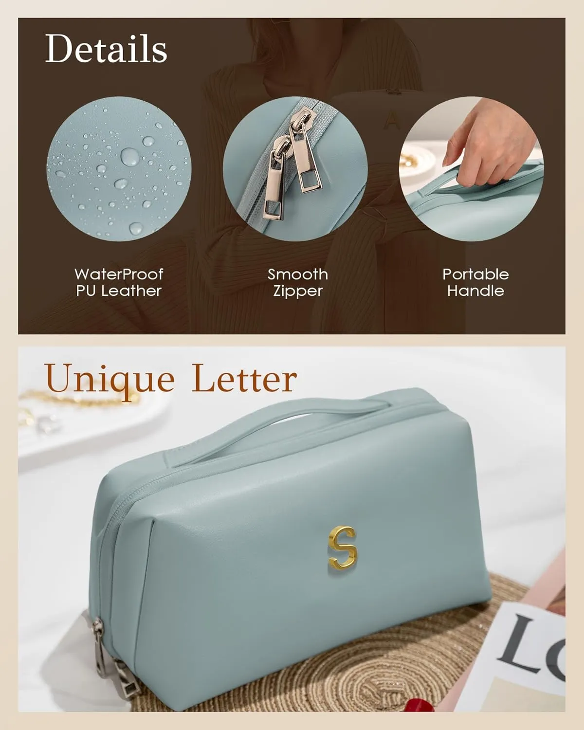 Mothers Day Gifts for Mom - Initial Makeup Bag for Women Girls, Bridesmaid Gifts, Teacher Appreciation Gifts, Graduation Gifts, Large Capacity & Wide Open Cosmetic Toiletry Bags, Friends Gift