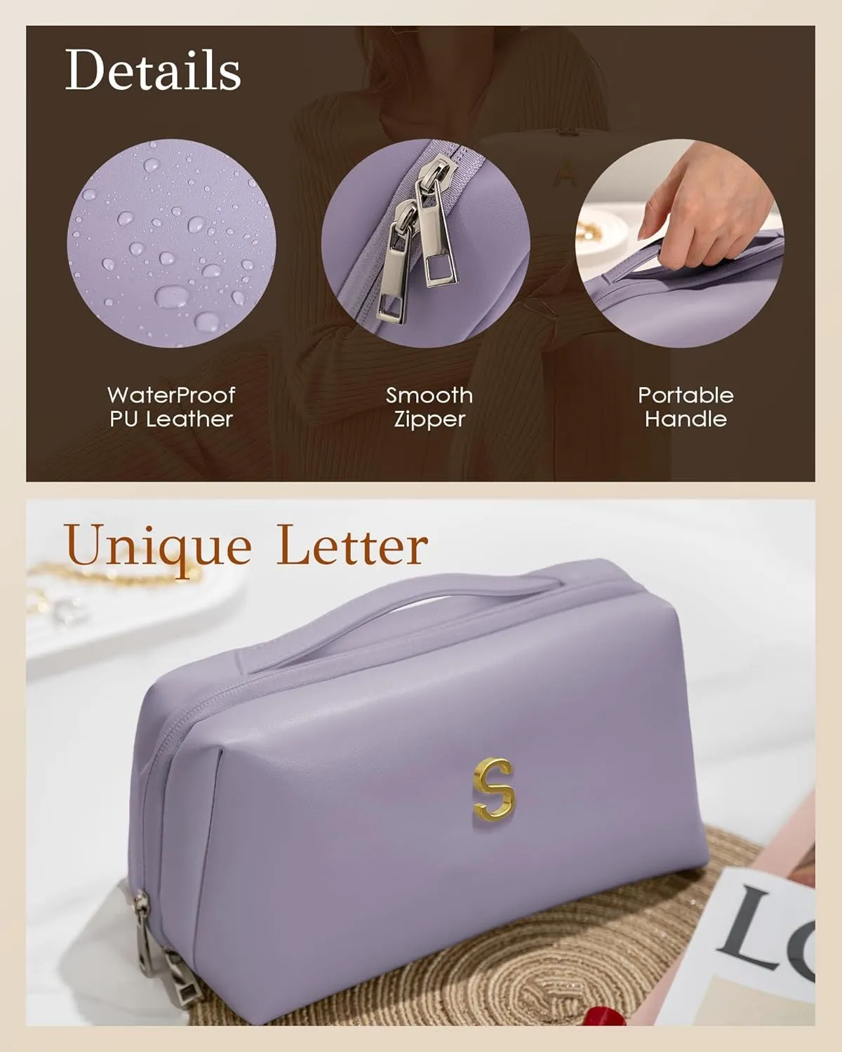Mothers Day Gifts for Mom - Initial Makeup Bag for Women Girls, Bridesmaid Gifts, Teacher Appreciation Gifts, Graduation Gifts, Large Capacity & Wide Open Cosmetic Toiletry Bags, Friends Gift