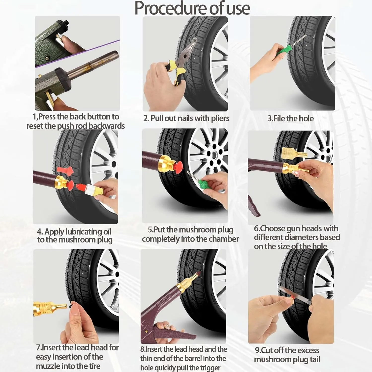 Motorcycle tire Repair kit, tire Repair Mushroom Plug Universal Tire Repair Tools to Fix Punctures and Plug Flats Patch Kit for car Motorcycle, ARB，ATV, Tractor, Trailer