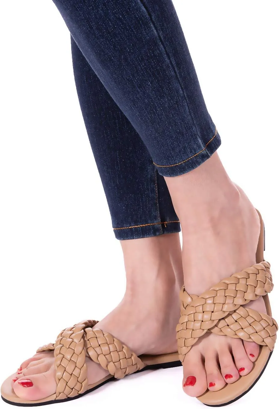 Mtzyoa Women Flat Sandals Braided Leather Crossover Nude Dressy Fashion Evening Party Wedding Sandals