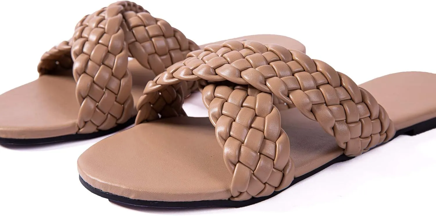 Mtzyoa Women Flat Sandals Braided Leather Crossover Nude Dressy Fashion Evening Party Wedding Sandals