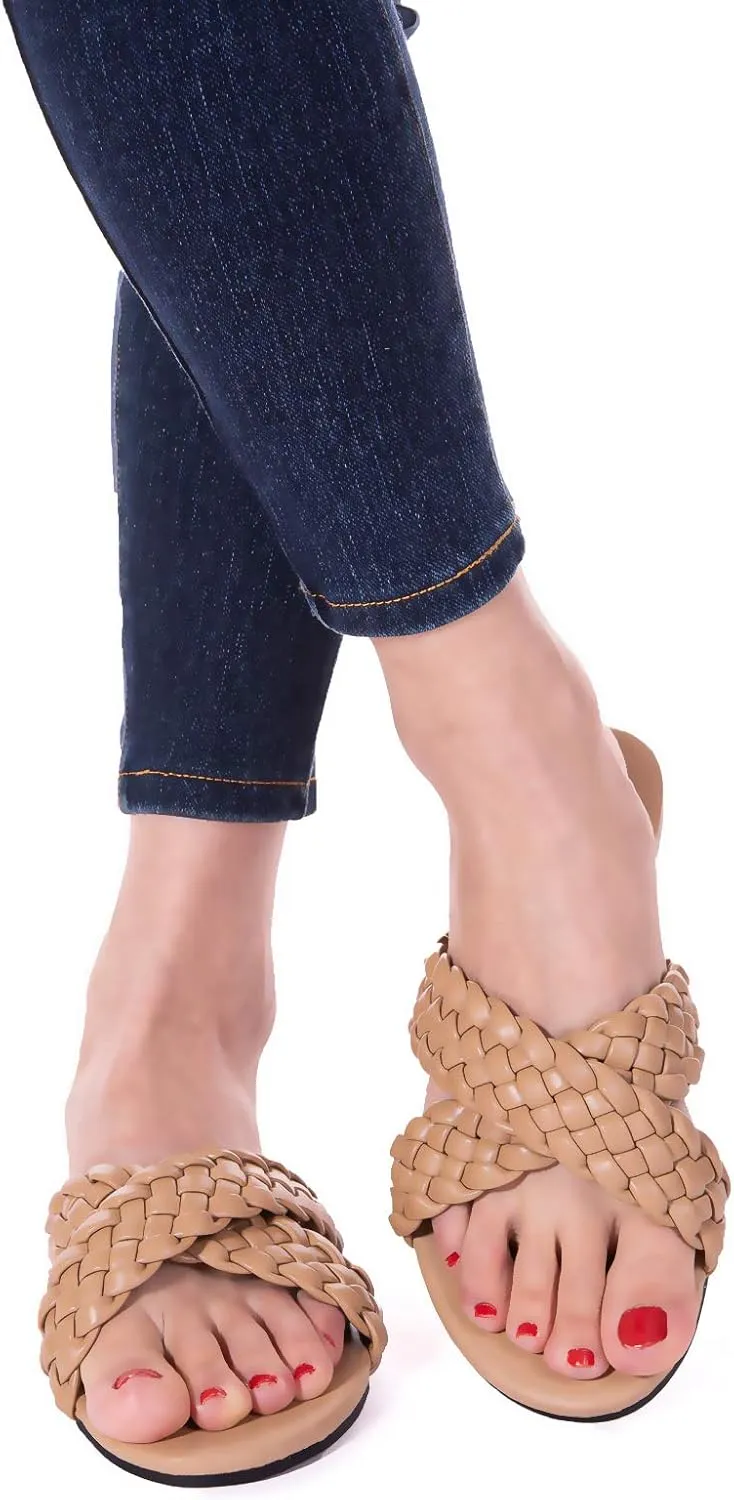 Mtzyoa Women Flat Sandals Braided Leather Crossover Nude Dressy Fashion Evening Party Wedding Sandals