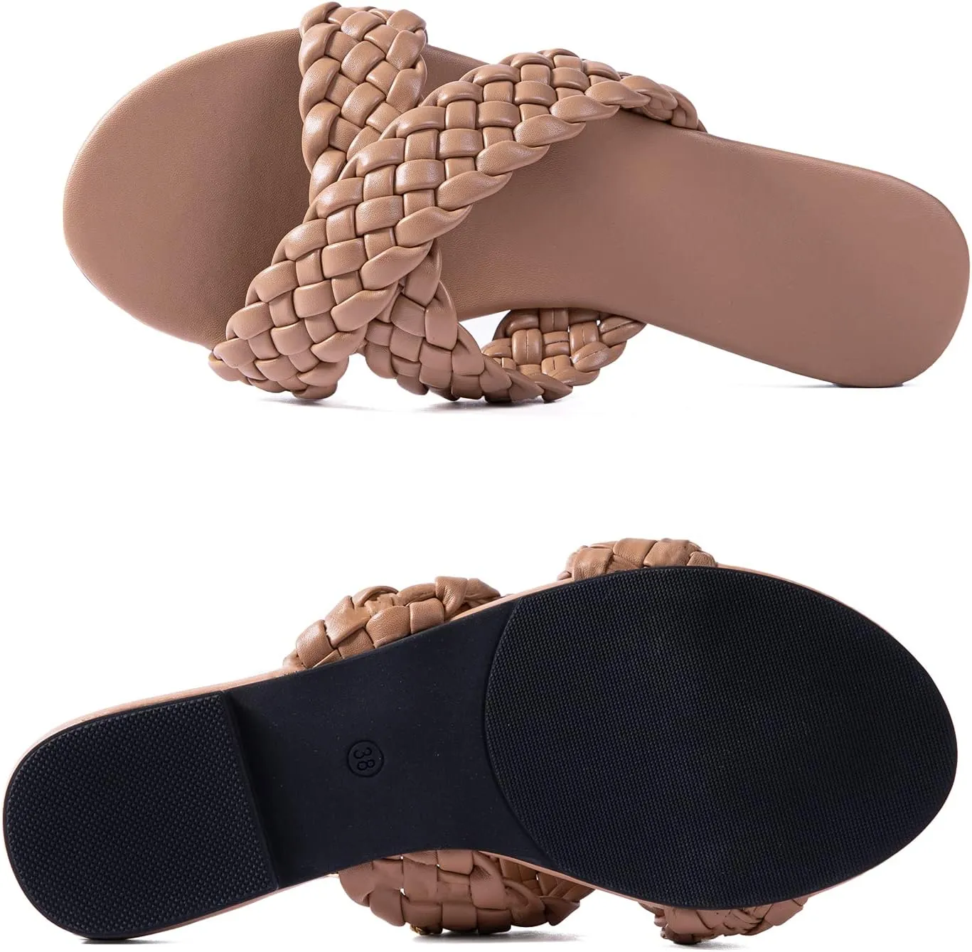 Mtzyoa Women Flat Sandals Braided Leather Crossover Nude Dressy Fashion Evening Party Wedding Sandals