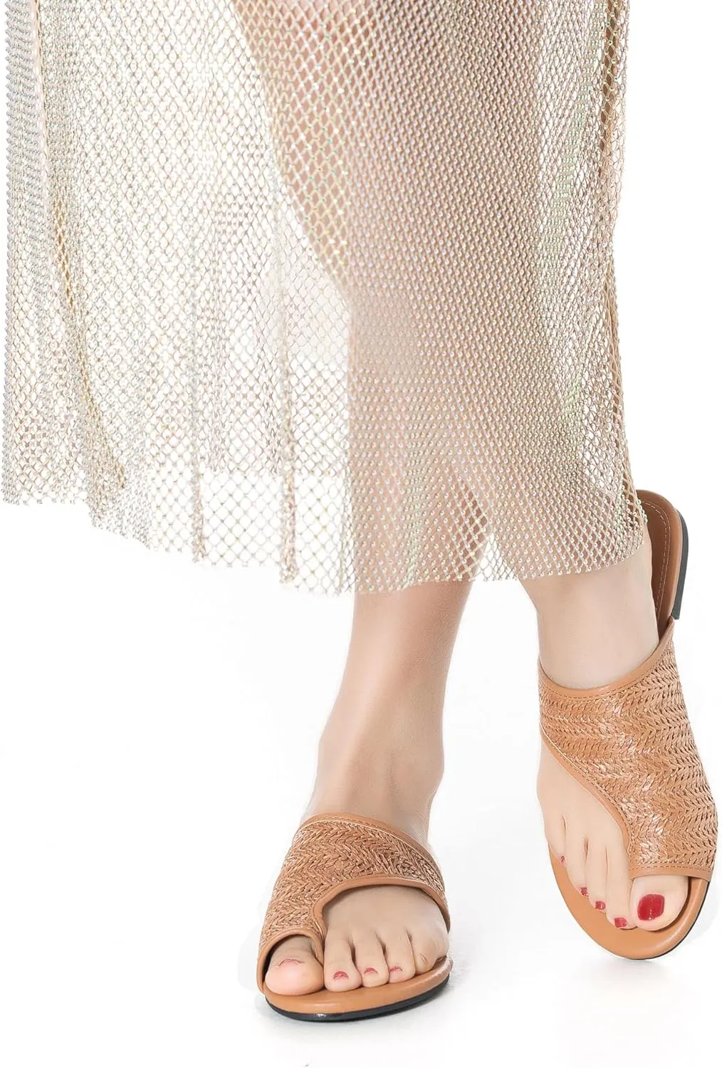 Mtzyoa Women Flat Sandals Straw Braided Orthopedic Support Non-Slip Cushion Casual Solid Dressy Comfortable Vacation Evening Wear