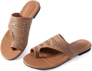 Mtzyoa Women Flat Sandals Straw Braided Orthopedic Support Non-Slip Cushion Casual Solid Dressy Comfortable Vacation Evening Wear