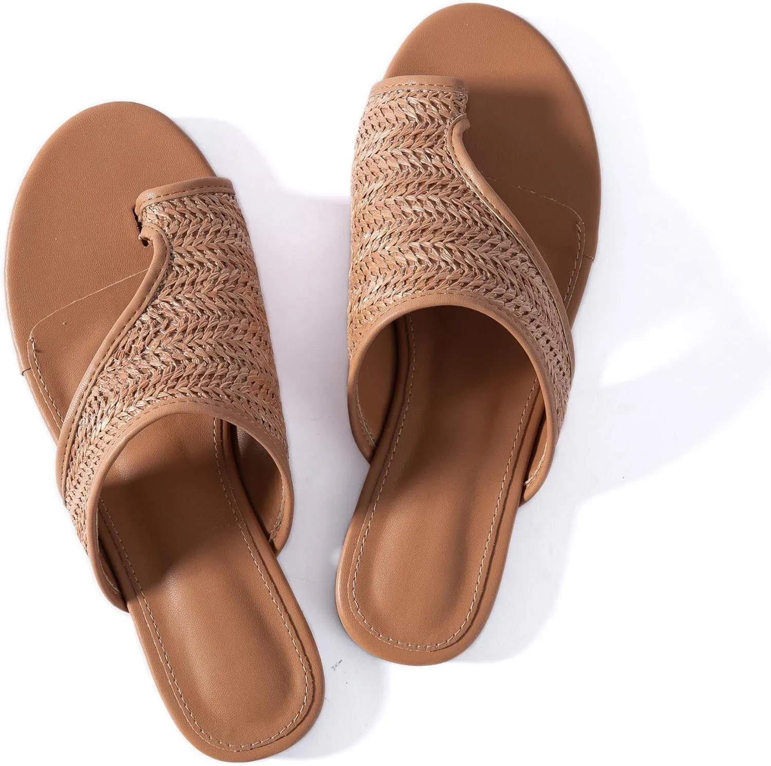 Mtzyoa Women Flat Sandals Straw Braided Orthopedic Support Non-Slip Cushion Casual Solid Dressy Comfortable Vacation Evening Wear