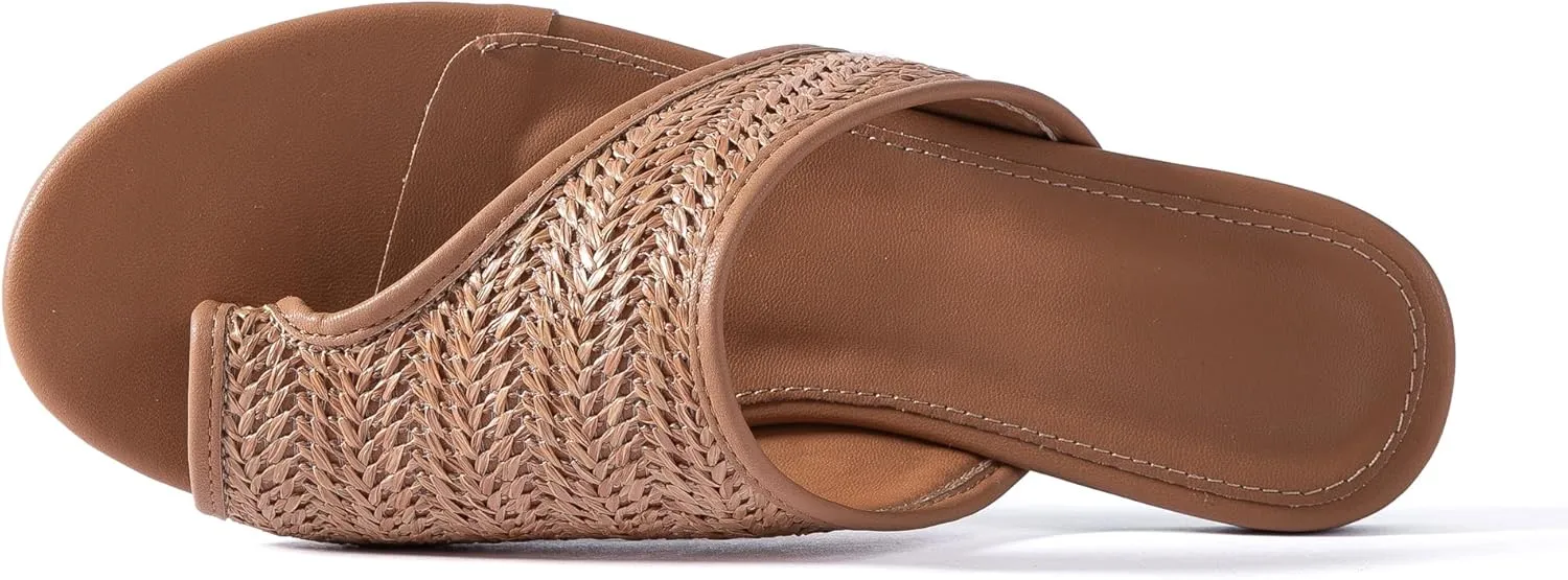 Mtzyoa Women Flat Sandals Straw Braided Orthopedic Support Non-Slip Cushion Casual Solid Dressy Comfortable Vacation Evening Wear