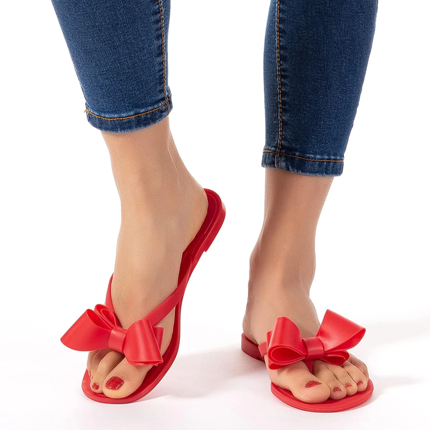 Mtzyoa Women Flip-Flops Flat Sandals Jelly Bow Beach Flat Rivets Rain Cute Dressy Summer Sandals