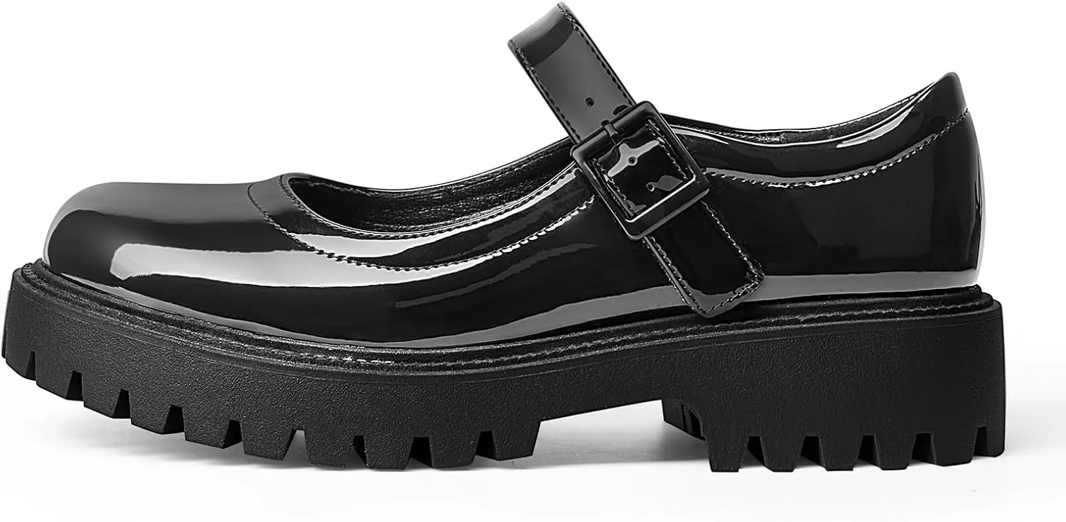 MUSSHOE Mary Jane Shoes Women Comfortable Casual Round Toe Platform Chunky Low Heel Flat Shoes with Ankle Straps