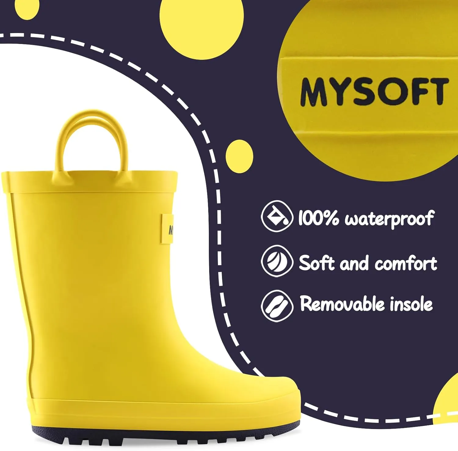 mysoft Kids Rain Boots for Girls Boys Toddler Waterproof Rubber Cute Printed with Easy-On Handles