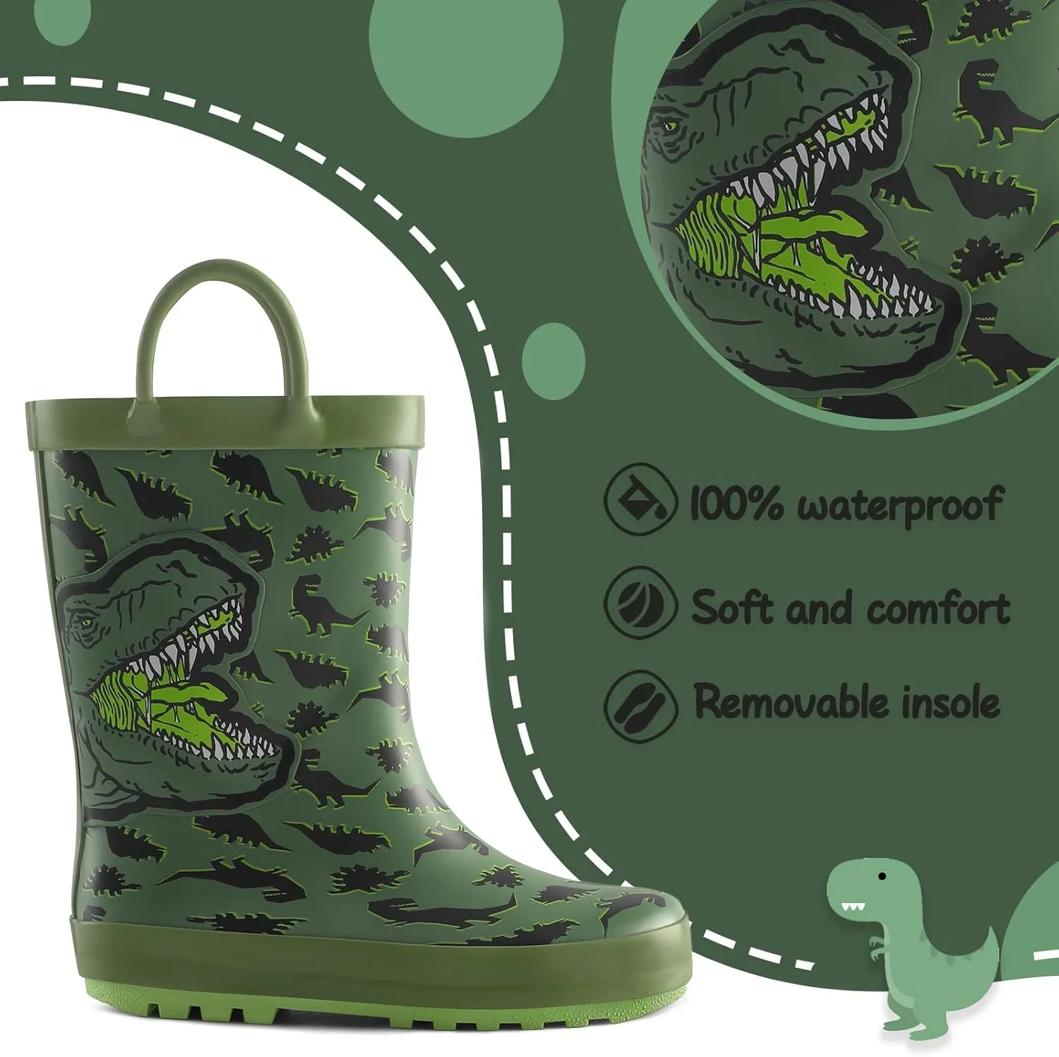 mysoft Kids Rain Boots for Girls Boys Toddler Waterproof Rubber Cute Printed with Easy-On Handles