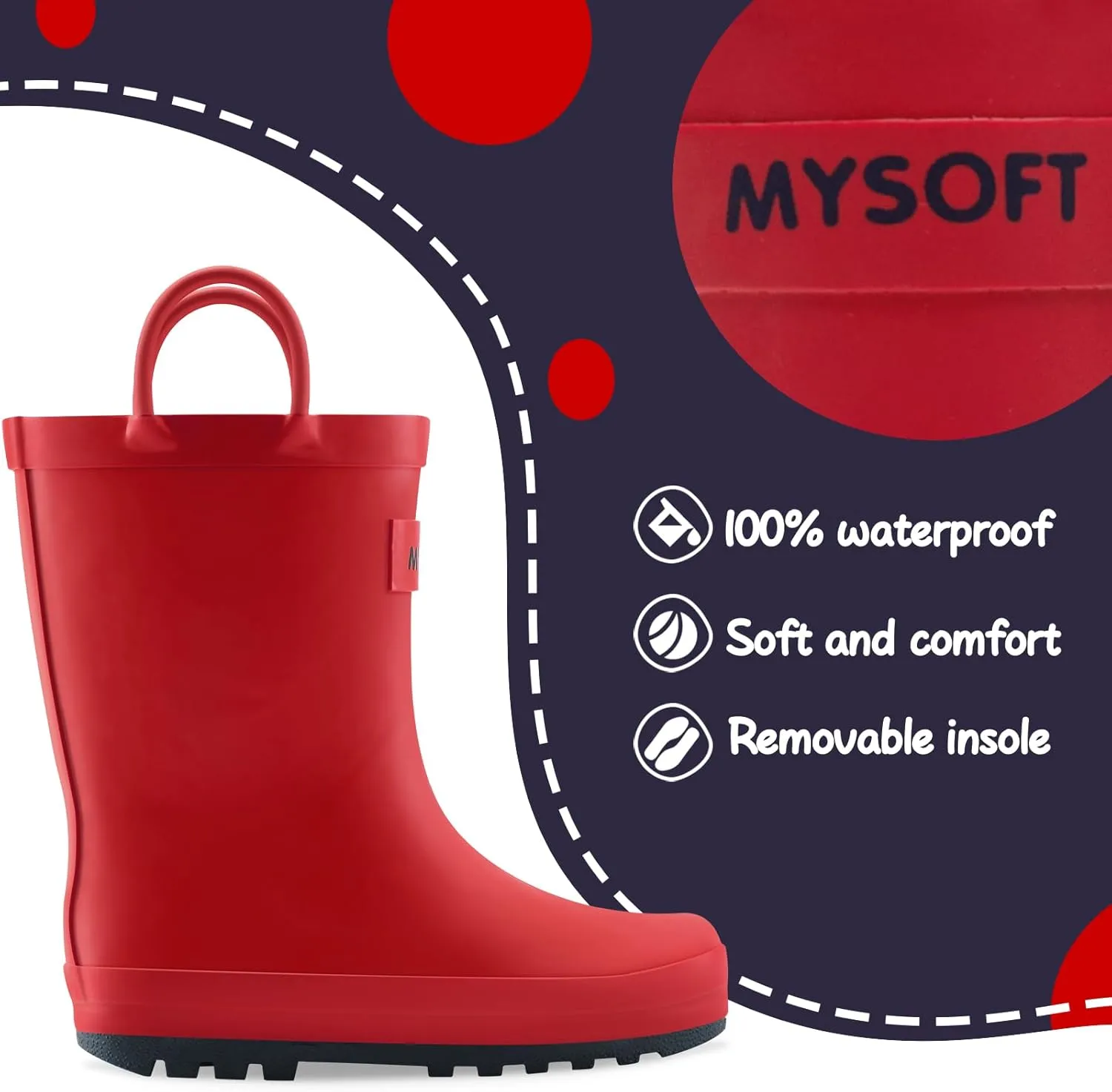 mysoft Kids Rain Boots for Girls Boys Toddler Waterproof Rubber Cute Printed with Easy-On Handles