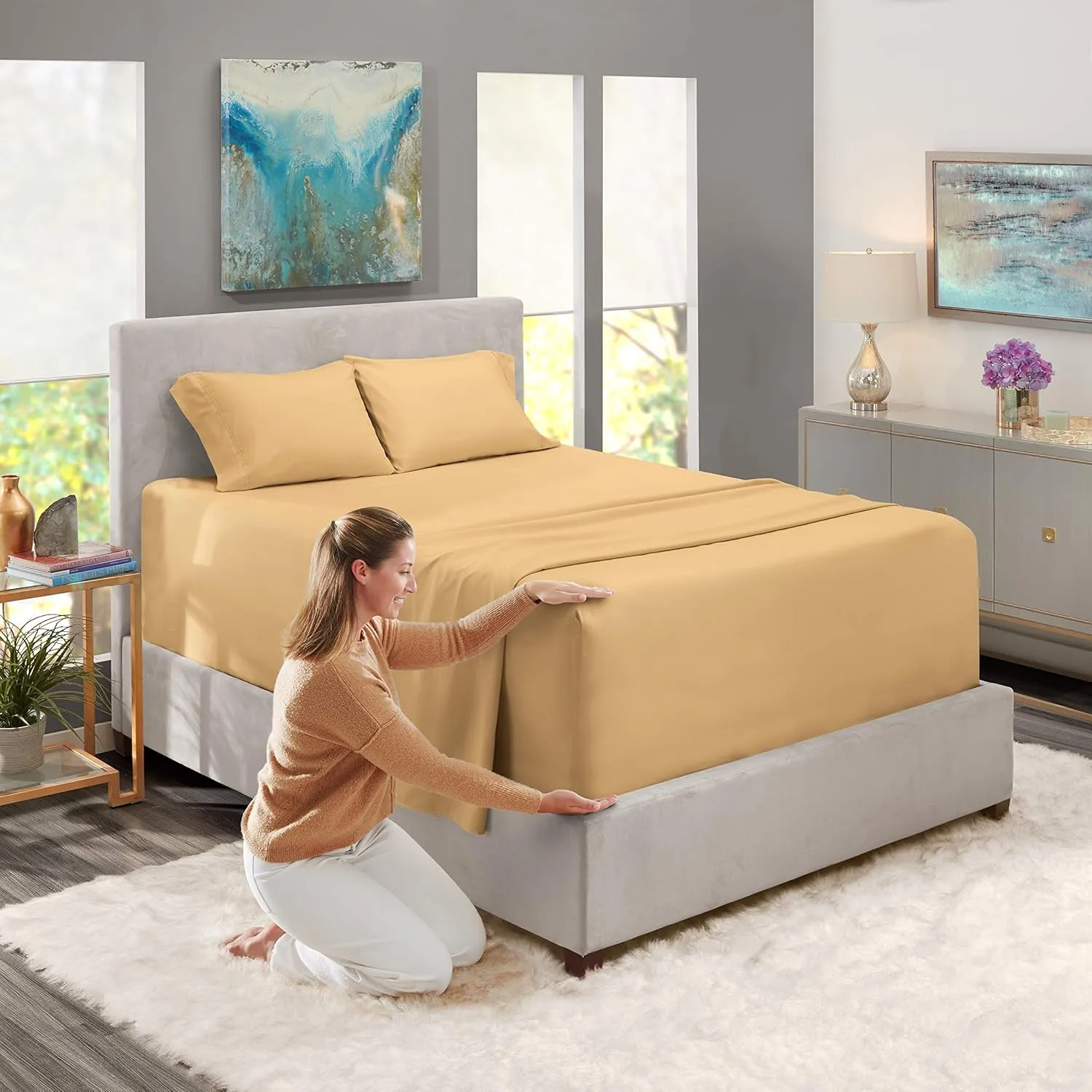 Nestl Full Size Sheet Set, 4 Piece Extra Deep Pocket (18-24 inches), Microfiber, Hotel Luxury, Soft, Breathable, Wrinkle-Free, Easy to Care, Camel Gold