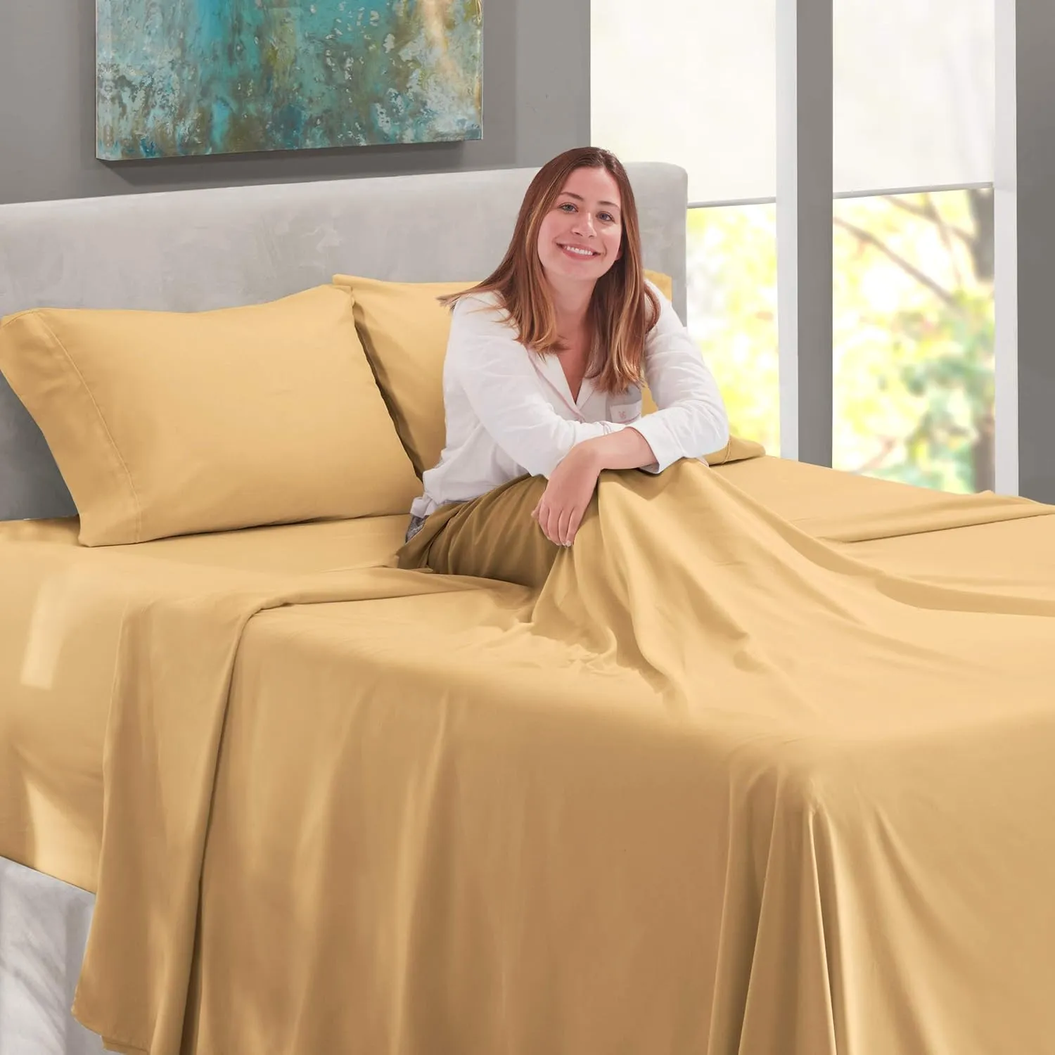 Nestl Full Size Sheet Set, 4 Piece Extra Deep Pocket (18-24 inches), Microfiber, Hotel Luxury, Soft, Breathable, Wrinkle-Free, Easy to Care, Camel Gold