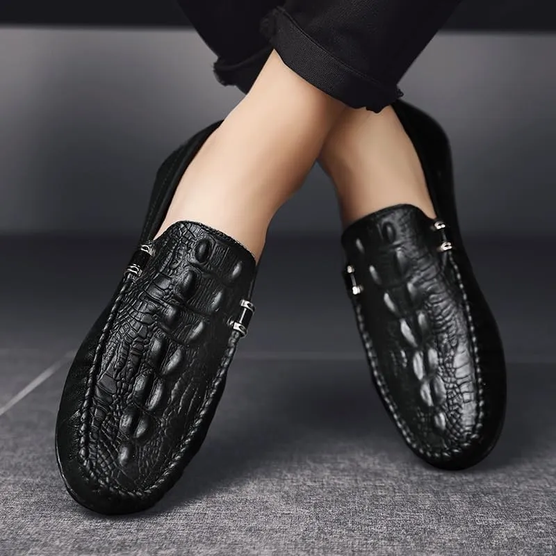 New Men's Loafers Round Toe Solid Color Crocodile Print Loafer Shoes Comfortable Flat Heel Flexible Fashion Casual Slip-on