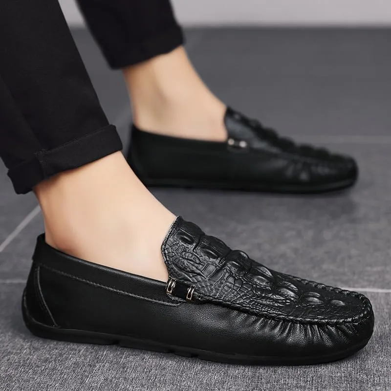 New Men's Loafers Round Toe Solid Color Crocodile Print Loafer Shoes Comfortable Flat Heel Flexible Fashion Casual Slip-on