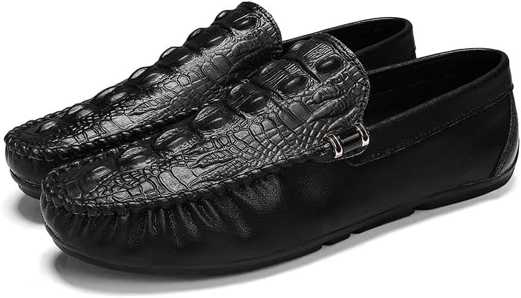 New Men's Loafers Round Toe Solid Color Crocodile Print Loafer Shoes Comfortable Flat Heel Flexible Fashion Casual Slip-on