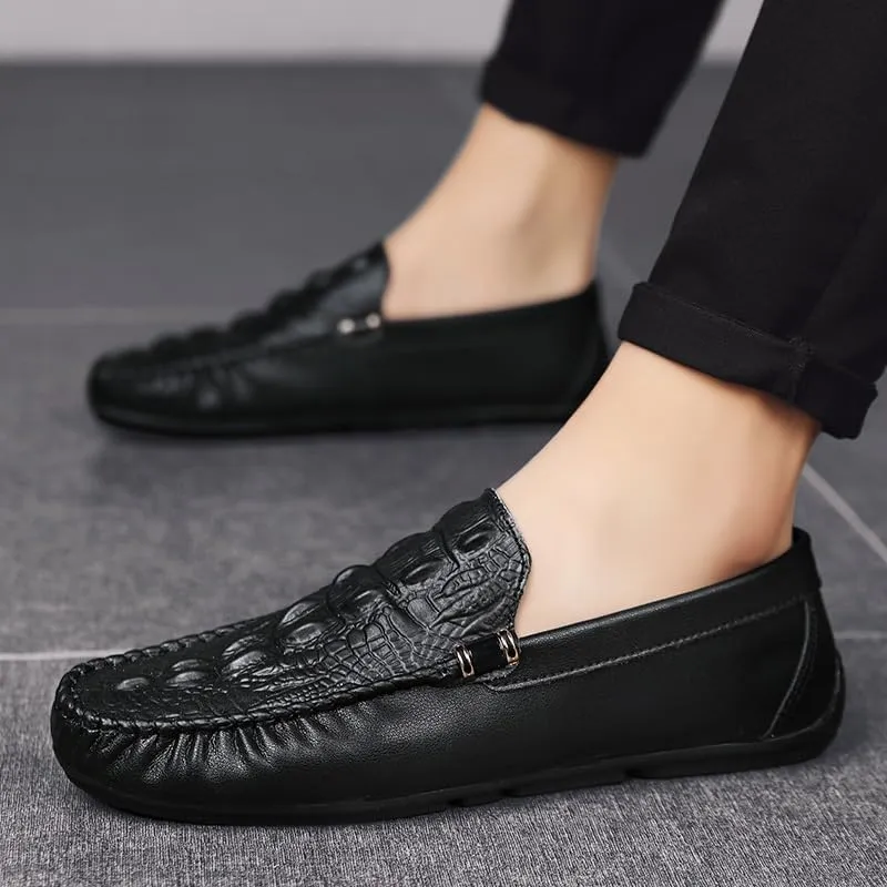 New Men's Loafers Round Toe Solid Color Crocodile Print Loafer Shoes Comfortable Flat Heel Flexible Fashion Casual Slip-on