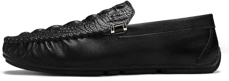New Men's Loafers Round Toe Solid Color Crocodile Print Loafer Shoes Comfortable Flat Heel Flexible Fashion Casual Slip-on