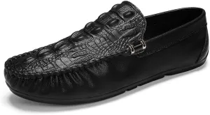 New Men's Loafers Round Toe Solid Color Crocodile Print Loafer Shoes Comfortable Flat Heel Flexible Fashion Casual Slip-on