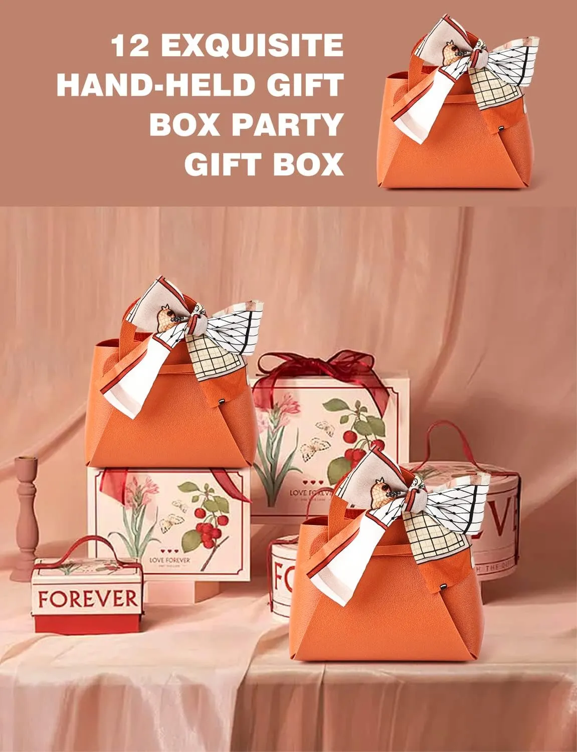 NOWDER 12 Pack Leather Wedding Candy Gift Bags with Handle Reusable Party Favor Boxes for Baby Showers Birthday Christmas Halloween Easter (Orange)