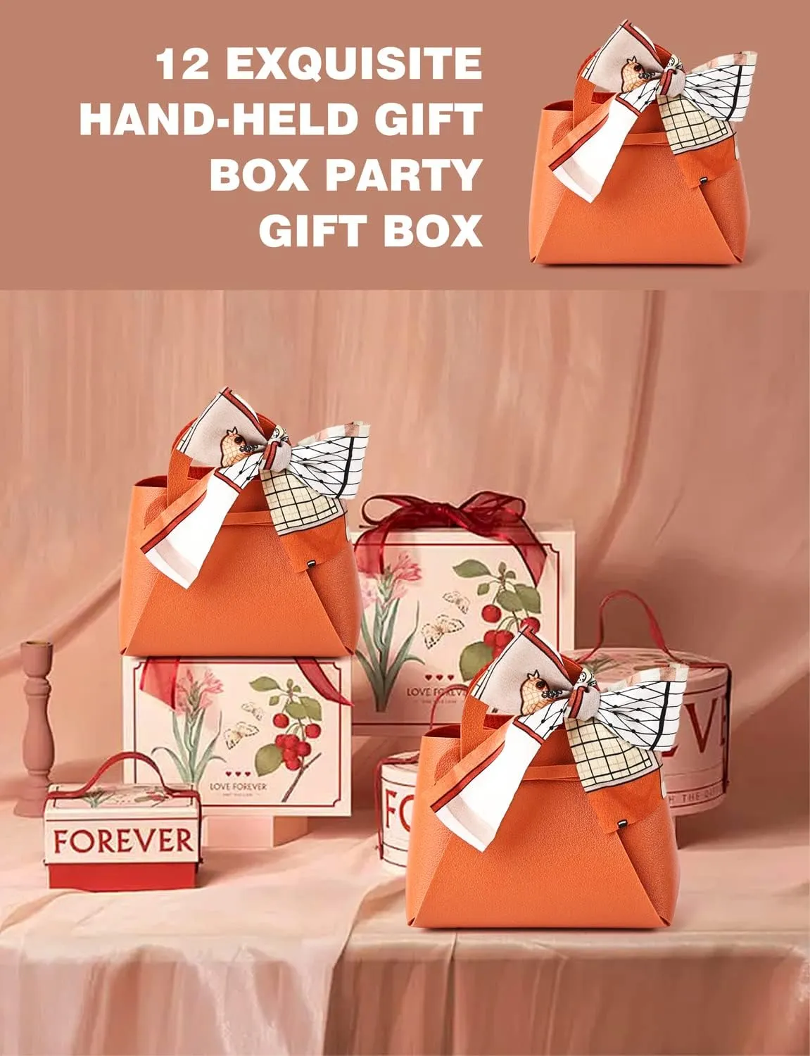 NOWDER 12 Pack Leather Wedding Candy Gift Bags with Handle Reusable Party Favor Boxes for Baby Showers Birthday Christmas Halloween Easter (Orange)