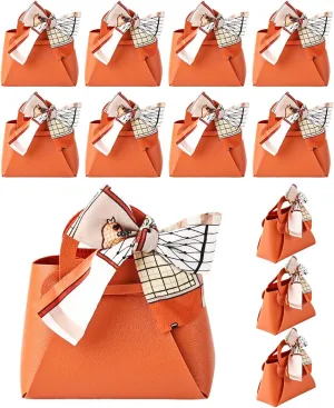 NOWDER 12 Pack Leather Wedding Candy Gift Bags with Handle Reusable Party Favor Boxes for Baby Showers Birthday Christmas Halloween Easter (Orange)