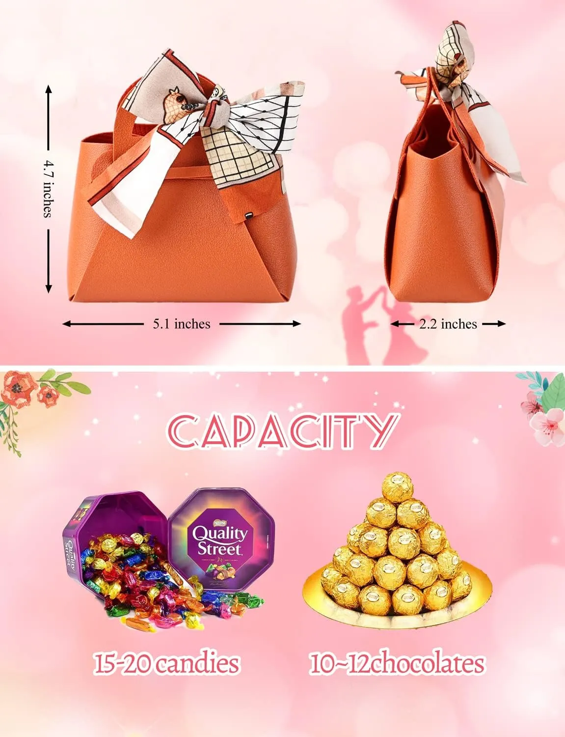 NOWDER 12 Pack Leather Wedding Candy Gift Bags with Handle Reusable Party Favor Boxes for Baby Showers Birthday Christmas Halloween Easter (Orange)