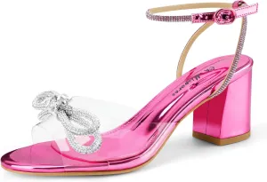 Oh Mispares Women's Clear Heels Double Bowknots Crystal Sandals Round Open Toe Rhinestone Transparent Chunky Bow Heels Gold Ankle Strap Sandal Shoes