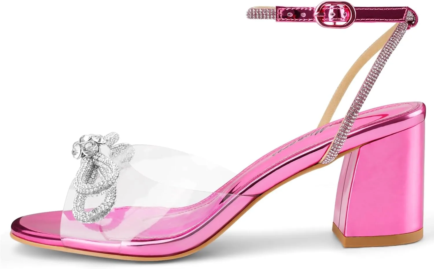 Oh Mispares Women's Clear Heels Double Bowknots Crystal Sandals Round Open Toe Rhinestone Transparent Chunky Bow Heels Gold Ankle Strap Sandal Shoes