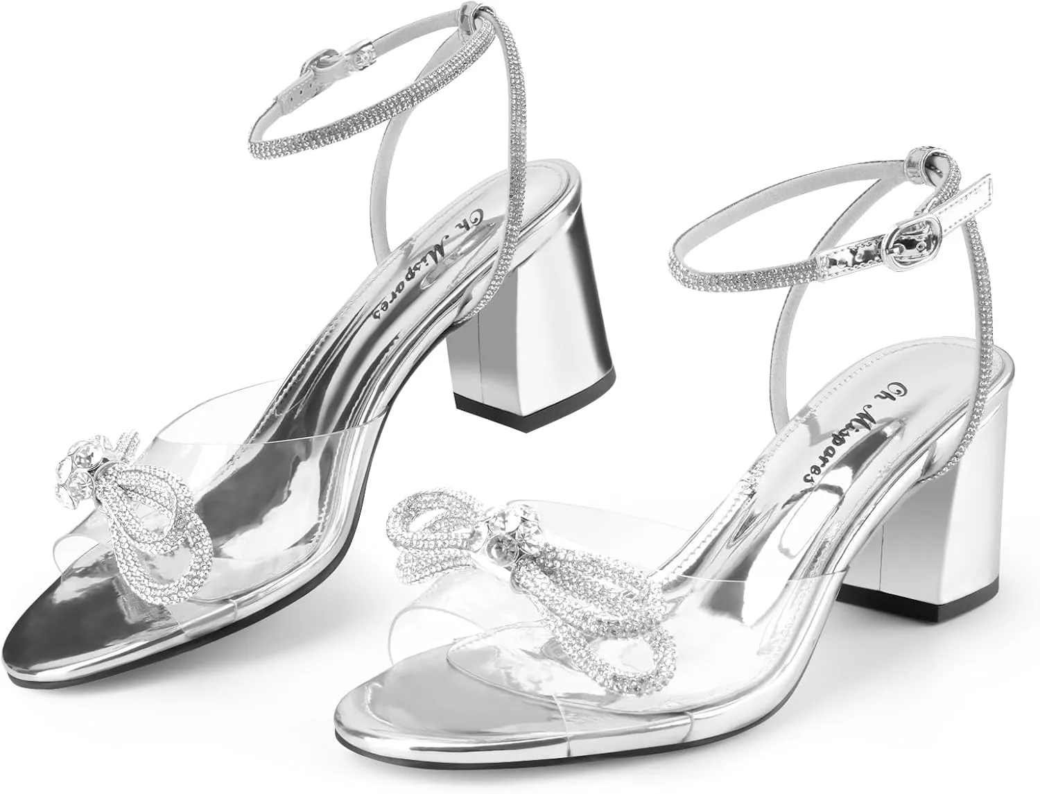 Oh Mispares Women's Clear Heels Double Bowknots Crystal Sandals Round Open Toe Rhinestone Transparent Chunky Bow Heels Gold Ankle Strap Sandal Shoes