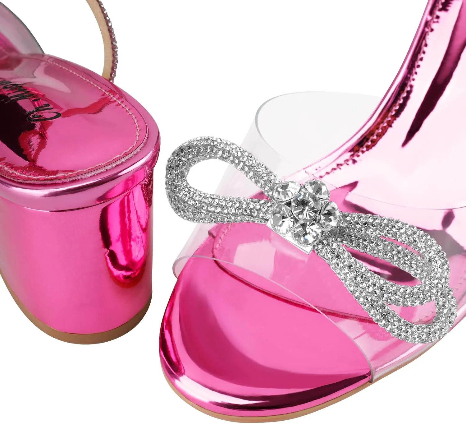 Oh Mispares Women's Clear Heels Double Bowknots Crystal Sandals Round Open Toe Rhinestone Transparent Chunky Bow Heels Gold Ankle Strap Sandal Shoes