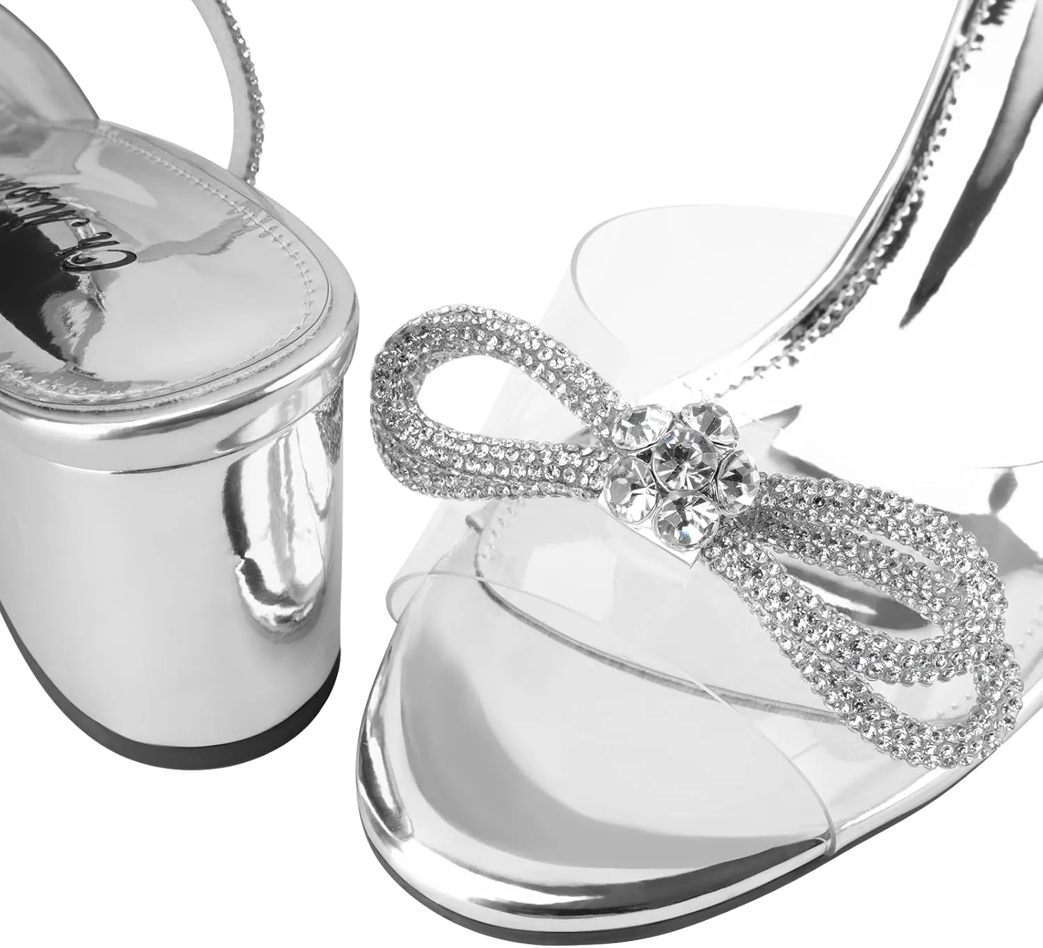 Oh Mispares Women's Clear Heels Double Bowknots Crystal Sandals Round Open Toe Rhinestone Transparent Chunky Bow Heels Gold Ankle Strap Sandal Shoes