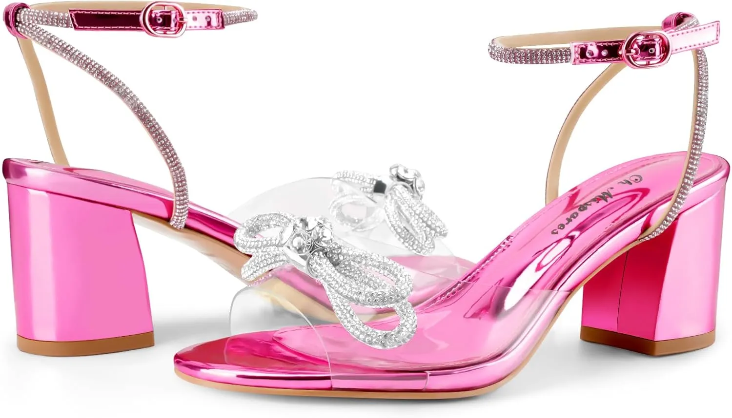 Oh Mispares Women's Clear Heels Double Bowknots Crystal Sandals Round Open Toe Rhinestone Transparent Chunky Bow Heels Gold Ankle Strap Sandal Shoes