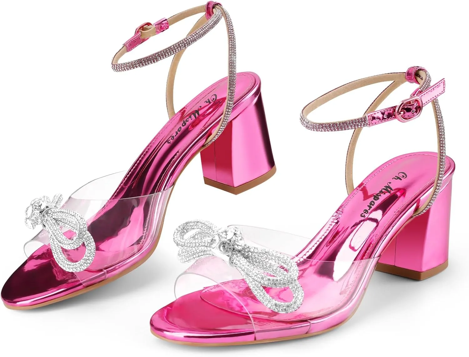 Oh Mispares Women's Clear Heels Double Bowknots Crystal Sandals Round Open Toe Rhinestone Transparent Chunky Bow Heels Gold Ankle Strap Sandal Shoes