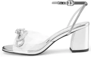 Oh Mispares Women's Clear Heels Double Bowknots Crystal Sandals Round Open Toe Rhinestone Transparent Chunky Bow Heels Gold Ankle Strap Sandal Shoes