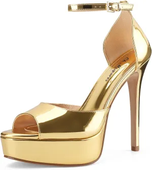 Oh Mispares Women's Stiletto High Heel Sandals Peep Toe Platform Ankle Strap Comfortable Heeled Fashion Sexy Gold Dress Heels for Wedding Evening Party Prom