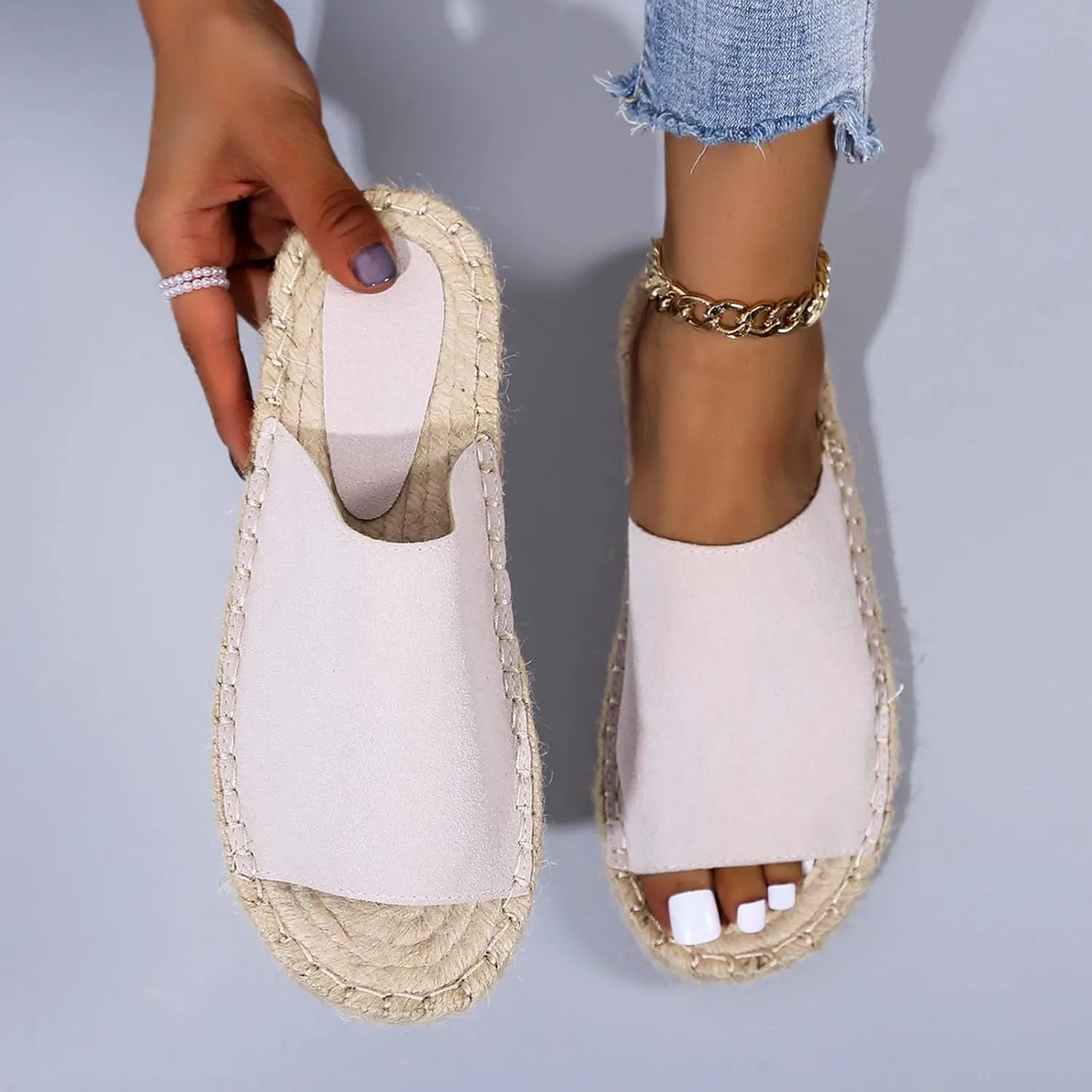 oiangi Espadrille Sandals for Women Flats Summer Casual Open Toe Slip On Slipper Lightweight Comfortable Handmade Sandals Outdoor Non-Slip Ladies Shoes