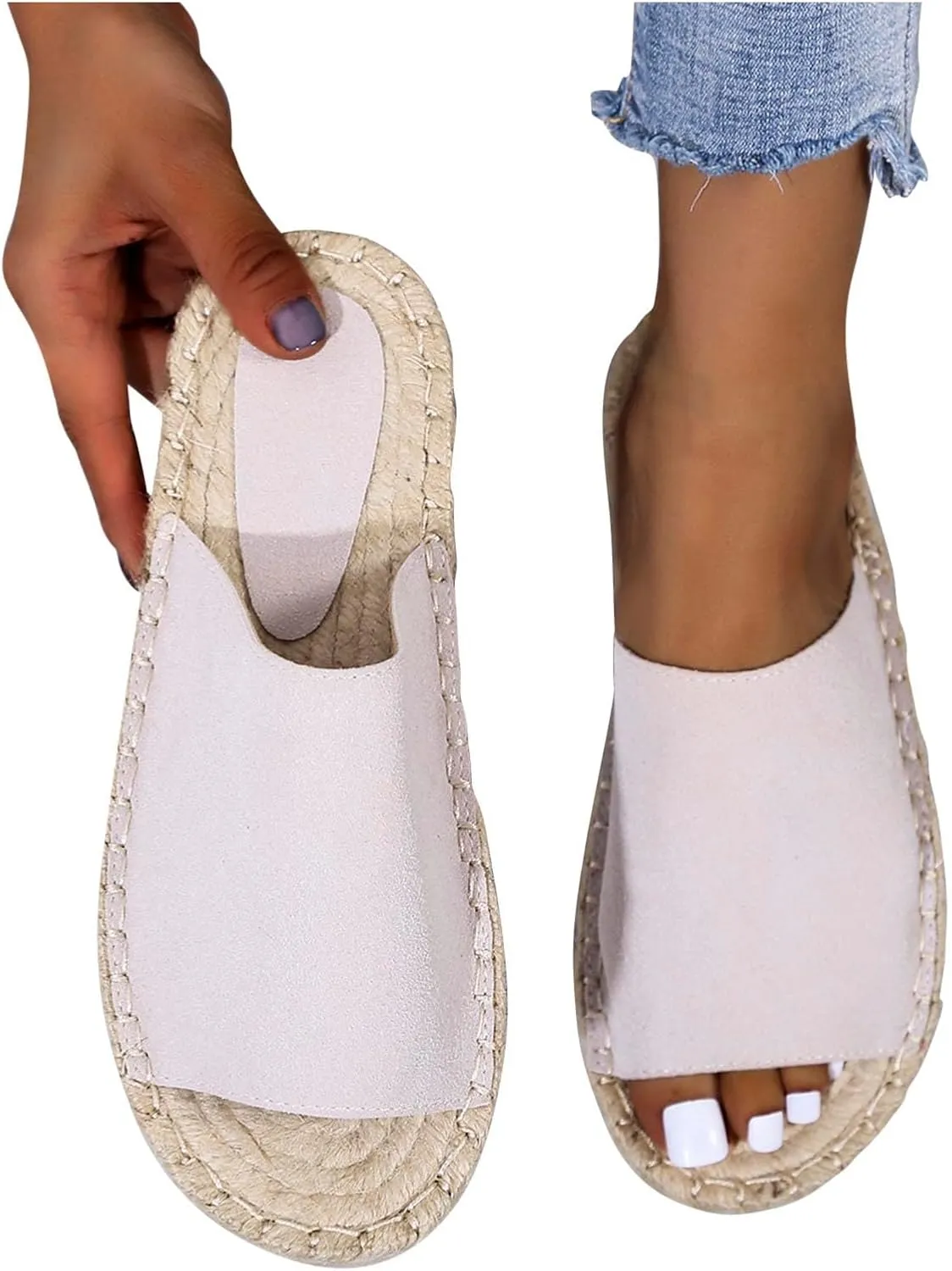 oiangi Espadrille Sandals for Women Flats Summer Casual Open Toe Slip On Slipper Lightweight Comfortable Handmade Sandals Outdoor Non-Slip Ladies Shoes