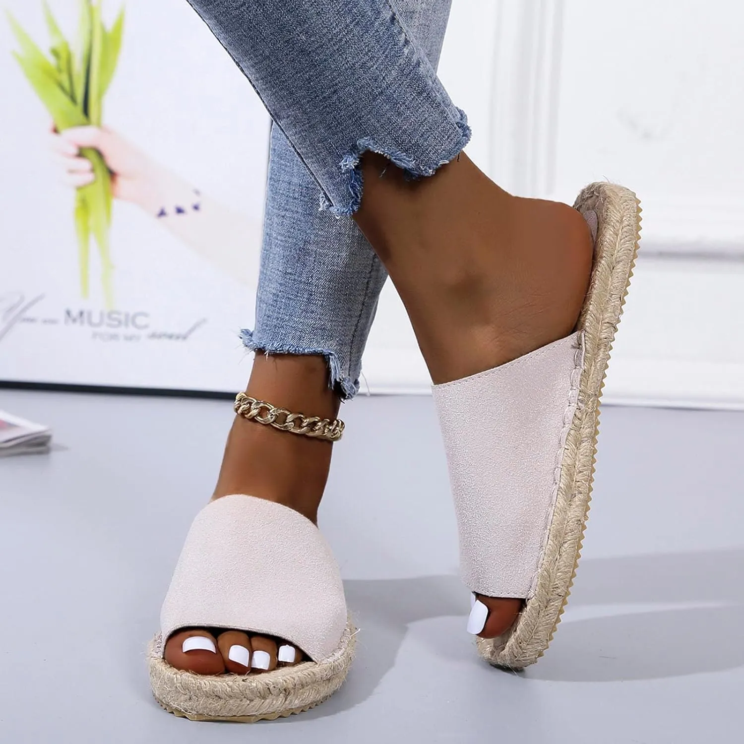 oiangi Espadrille Sandals for Women Flats Summer Casual Open Toe Slip On Slipper Lightweight Comfortable Handmade Sandals Outdoor Non-Slip Ladies Shoes