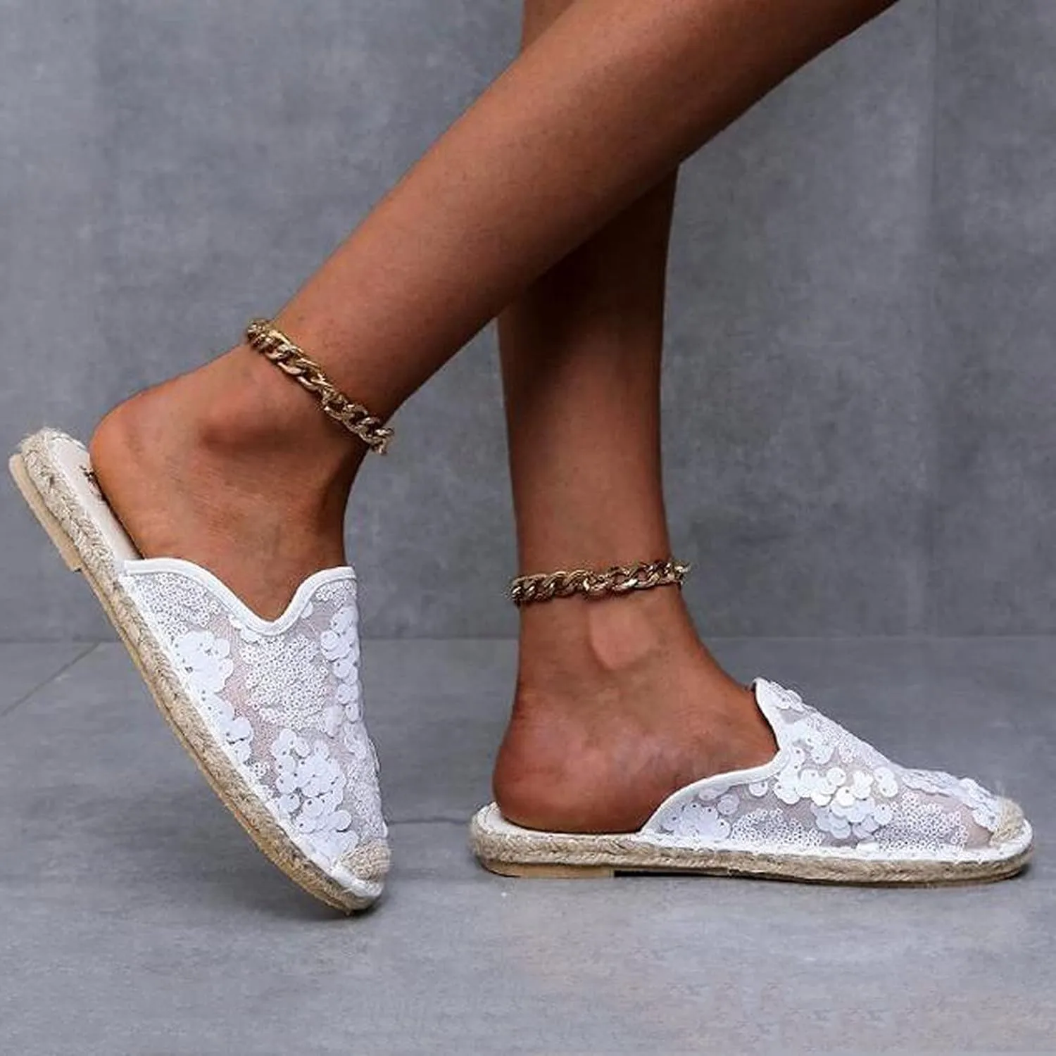 oiangi Sparkly Glitter Sandals for Women Casual Summer Closed Toe Slip-on Espadrille Flat Slipper Elegant Comfortable Home Outdoor Shoes Flip Flops