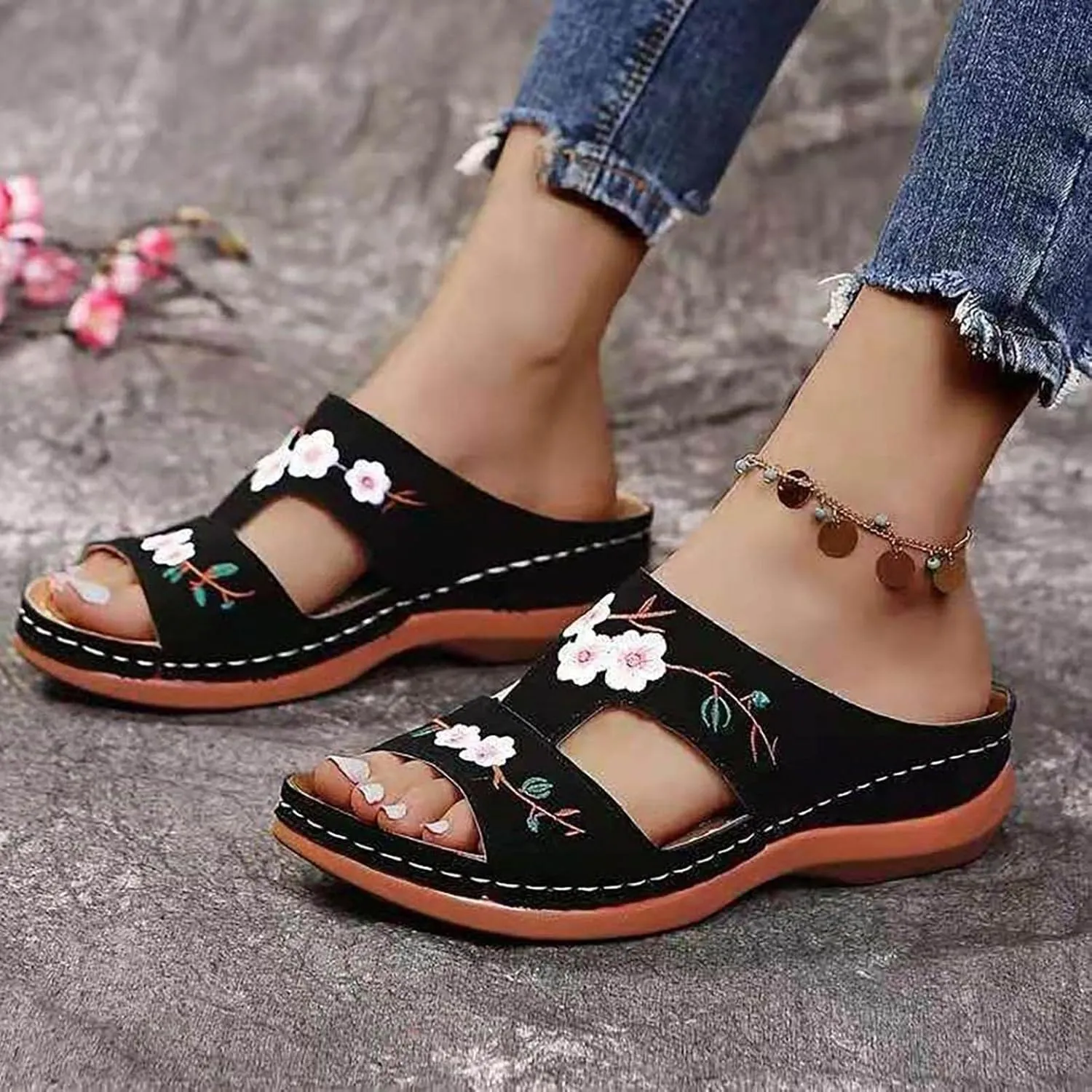 oiangi Women's Sandals Comfortable Wedge Sandals with Arch Support Summer Casual Fish Mouth Open Toe Slip-on Slipper Flower Hollow Platform Slides Flip Flops